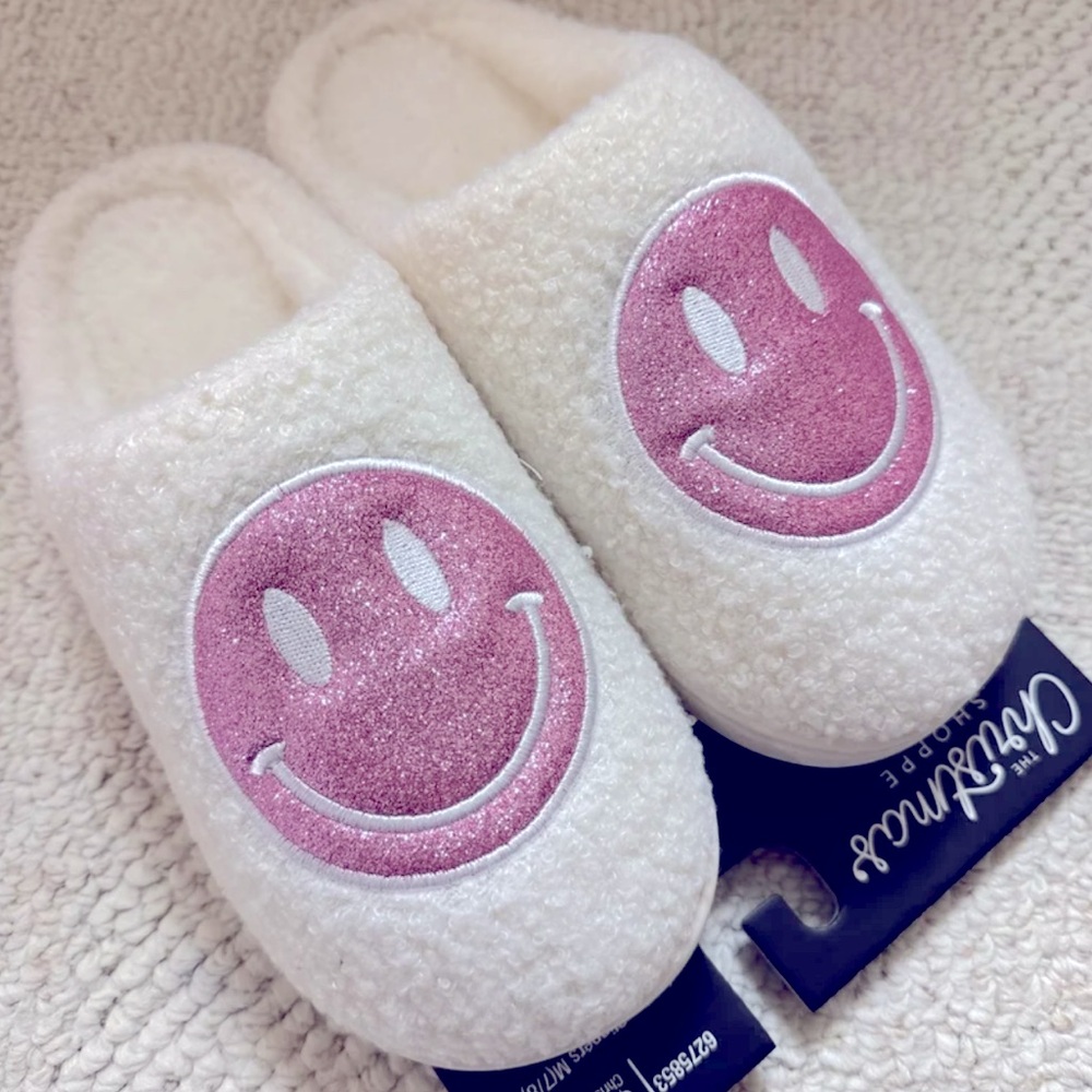 Pink Sparkly Plush Smiley Face Slippers